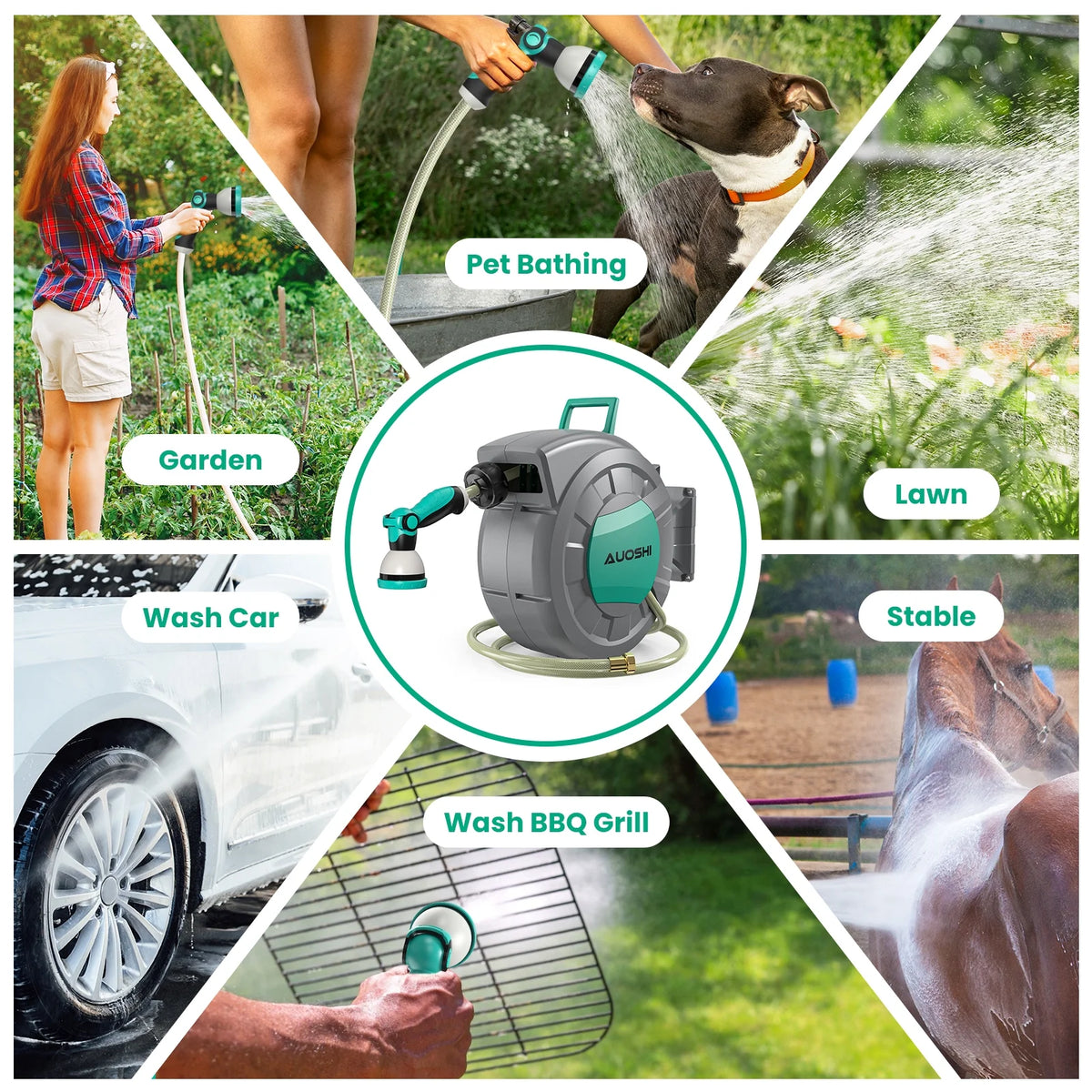 AUOSHI Retractable Garden Hose Reel 1/2" 100ft Automatic Hose Reel with 10 Function Sprayer Nozzle Wall Mount 180 Deg Swivel Bracket Hose Reel with Any Length Lock Slow Return System
