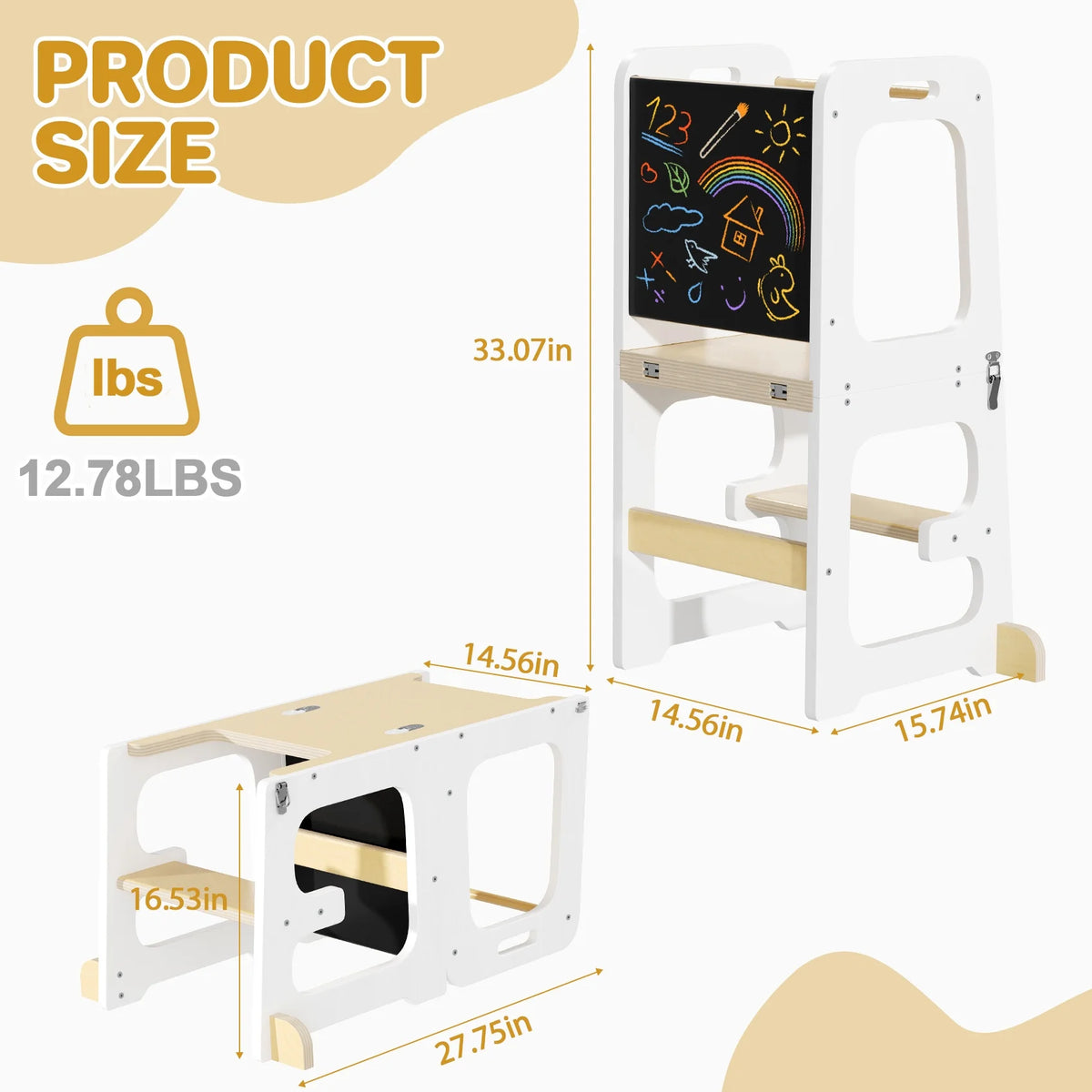 JOZ Kitchen Toddlers Step Stool, Montessori Kids Learning Stool, Foldable Toddler Tower for Counter, Standing Helper for Children, 3 Adjustable Heights, Wooden, White