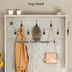 Farmhouse Wood Hall Tree with Shoe Bench and Console Table, LED 4-in-1 Coat Rack with 8 Hooks and 7 Adjustable Shoe Cubbies, Multifunctional Entryway Storage Organizer with Cabinet, Vintage White