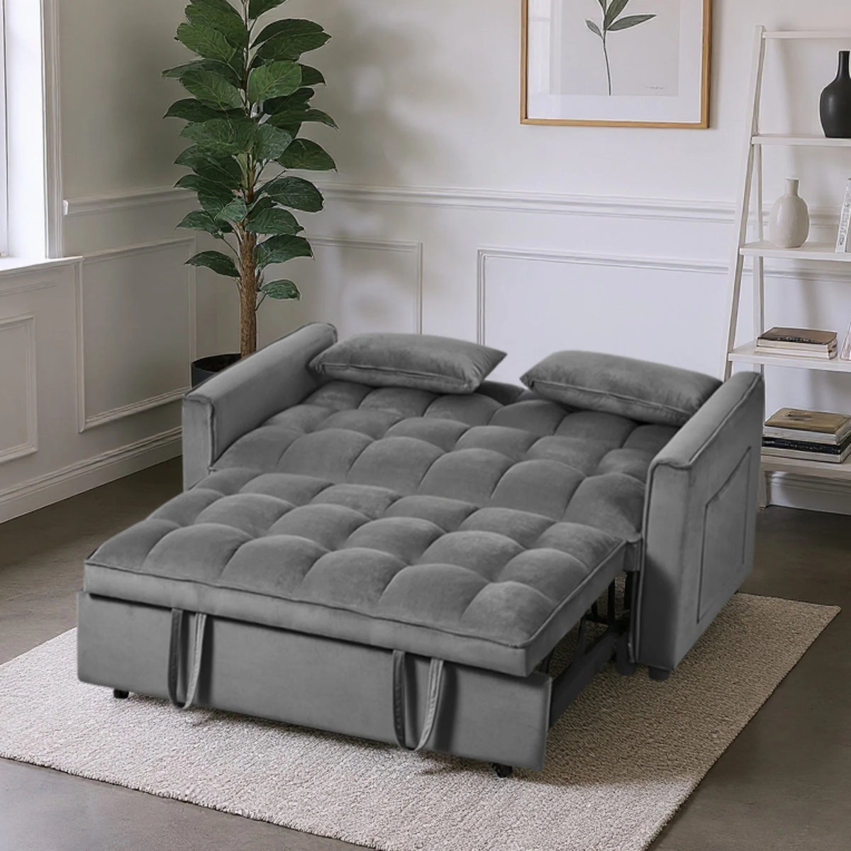 Gewnee 55'' Modern Convertible Velvet Sofa Bed with Pull-Out Twin Bed, Adjustable Backrest for Living Room, Office (Dark Gray)