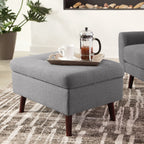 OFM Mid Century Modern Tufted Fabric Storage Ottoman, Walnut Legs, in Beige