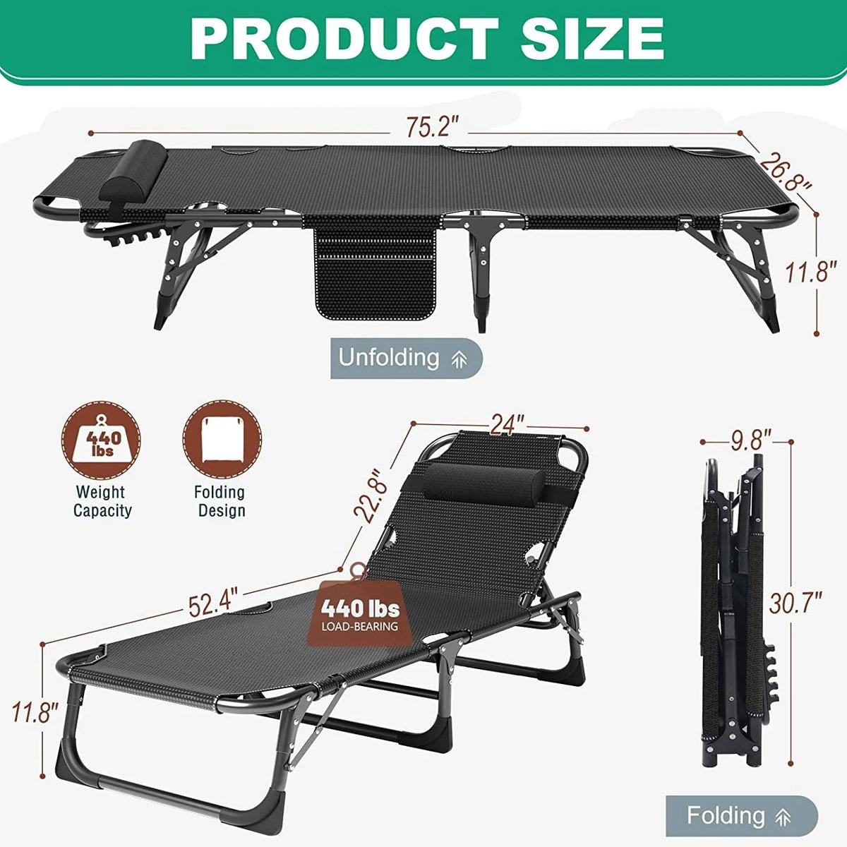 SLSY Folding Camping Cot with 2 Sided Cushion & Pillow, Adjustable 5-Position Outdoor Portable Folding Lounge Chair, Folding Sleeping Cots Bed