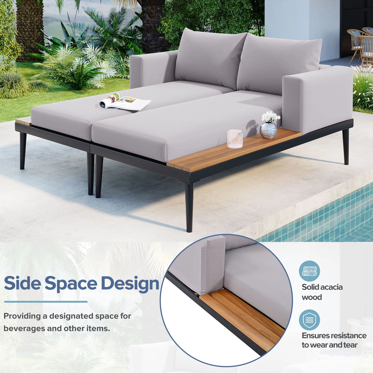 Harper & Bright Designs Patio Outdoor Metal Daybed for 2, All Weather Outdoor Chaise Lounges Reclining Chairs with Wood Topped Side Spaces for Drinks for Poolside Balcony Deck, Gray