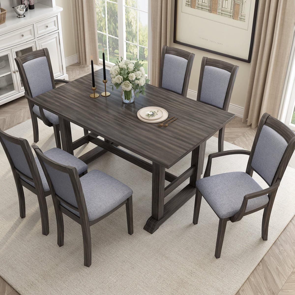 Harper & Bright Designs Farmhouse 7 Pieces Extendable Dining Table Set for 6, Solid Wood Kitchen Table with Butterfly Leaf and 6 Upholstered Chairs, Brown