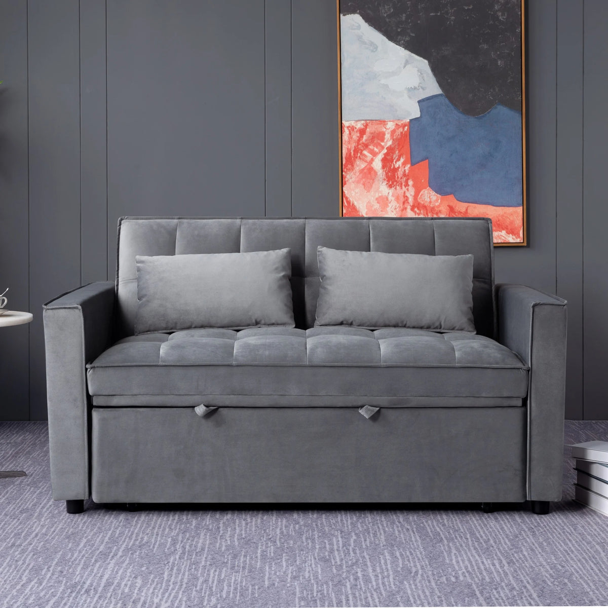 Gewnee 55'' Modern Convertible Velvet Sofa Bed with Pull-Out Twin Bed, Adjustable Backrest for Living Room, Office (Dark Gray)