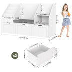 Homfa Kids Bookshelf with Reading Nook & 3 Movable Drawers, 2 Cube Bookcase with 4-Tier Book Racks, Toy Storage Organizer for Playroom Bedroom, White