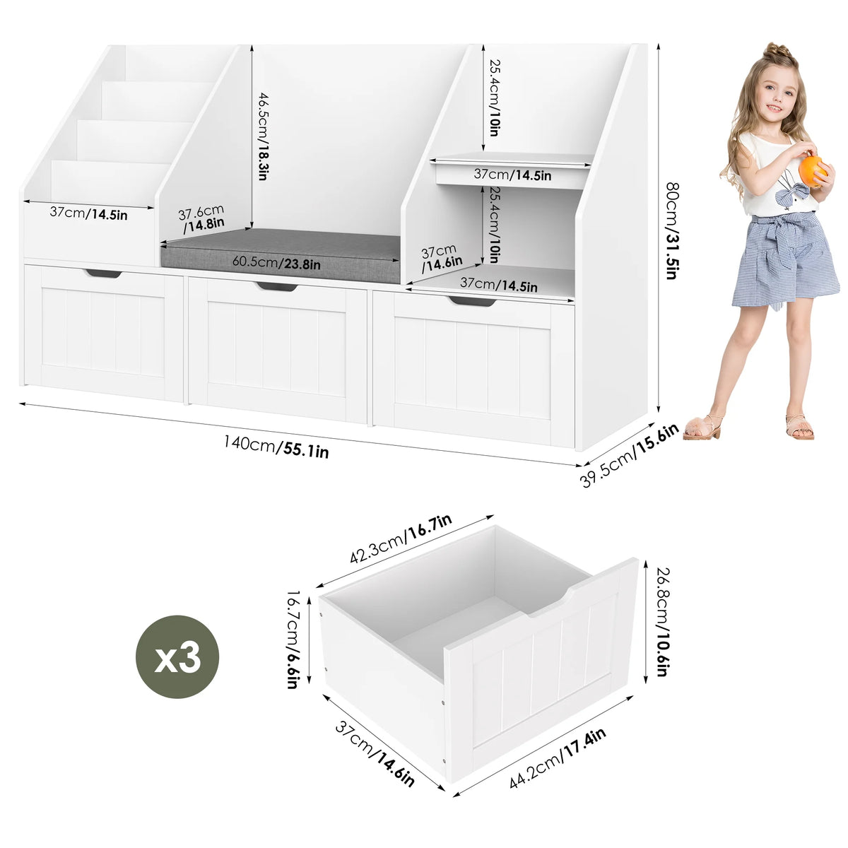 Homfa Kids Bookshelf with Reading Nook & 3 Movable Drawers, 2 Cube Bookcase with 4-Tier Book Racks, Toy Storage Organizer for Playroom Bedroom, White