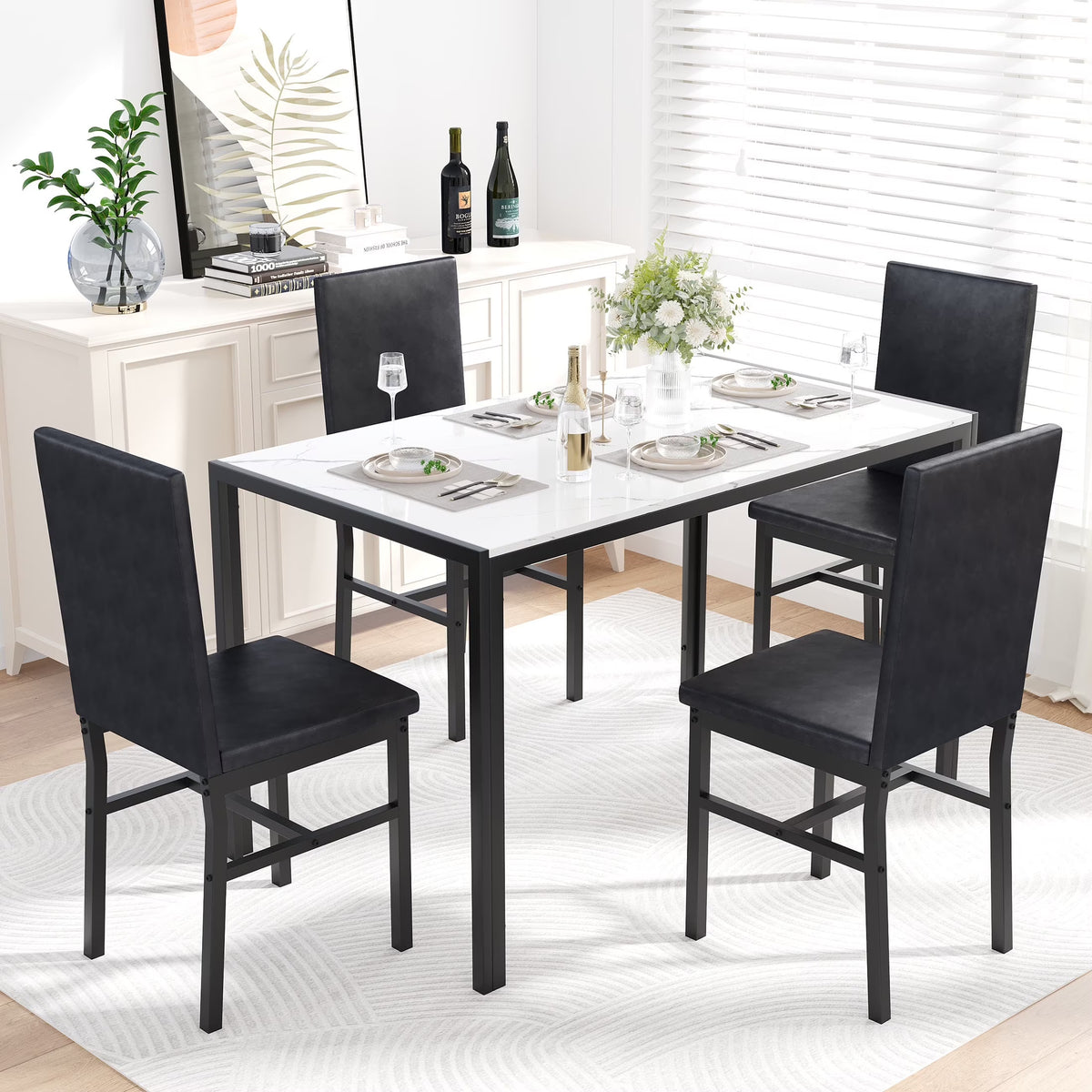 5 Piece Dining Room Table Set, Modern Dining Table Sets with Gray Velvet Upholstered Chairs for 4, Faux Marble Pattern Rectangle Kitchen Table Set for Bar Living Room Breakfast Nook Small Space