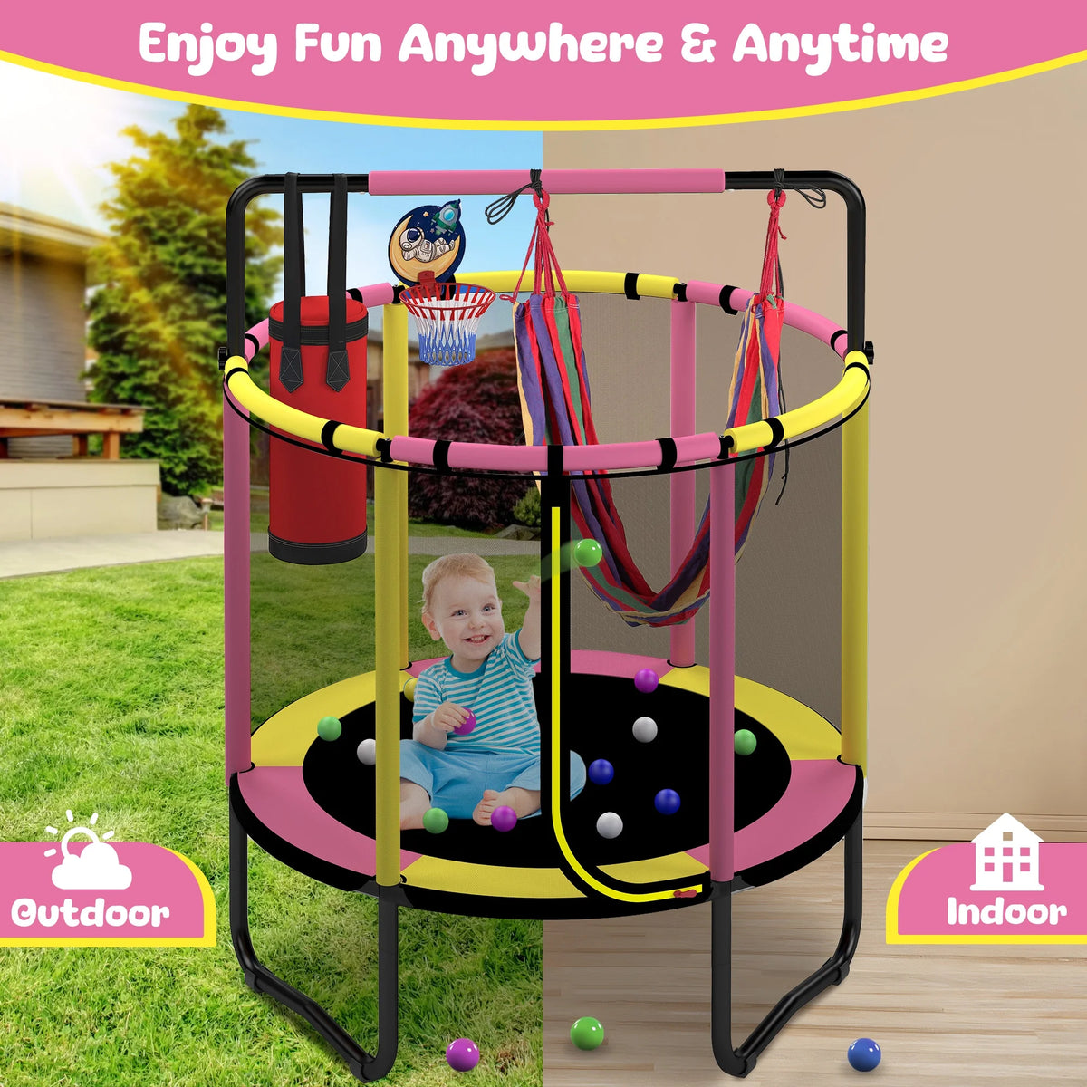 Mini Round Trampoline for Kids with Basketball Hoop, SEGMART 55'' Indoor Outdoor Toddler Trampoline with Enclosure Net, Swing, Sandbag, Ring, Ocean Balls, Small Trampoline Gift for Boys Girls, Blue