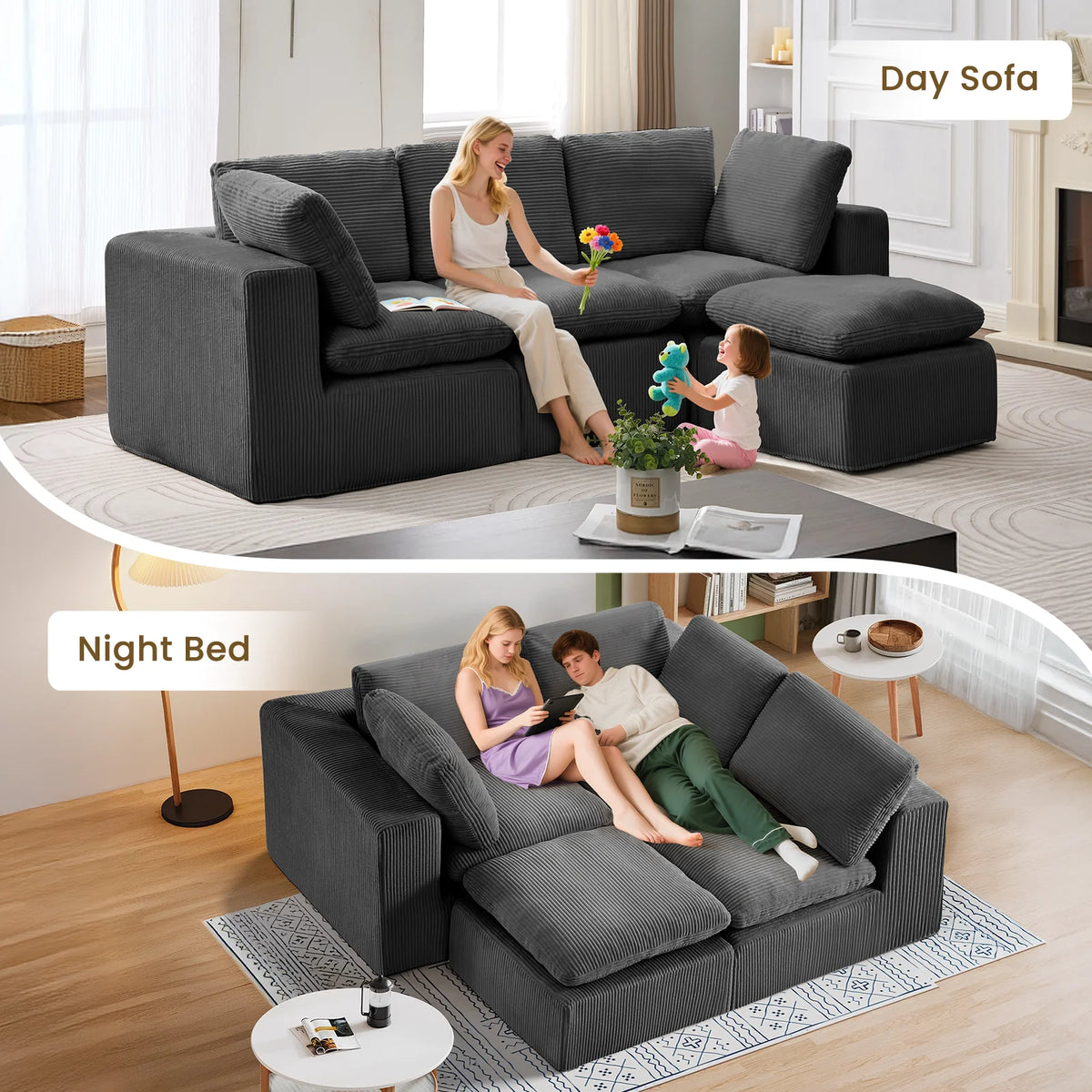 Cloud Sectional Couches for Living Room, Modular L-Shaped Sofa with Ottoman, Corduroy Sleeper Sofa Bed, No Assembly Compression Memory Foam Couch,White