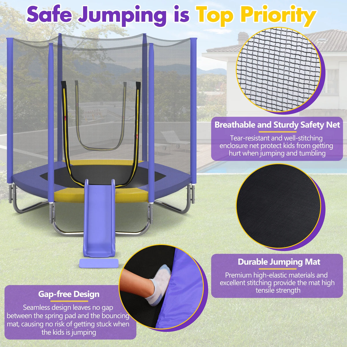 EUROCO 7FT Trampoline with Removable Slide, Kids Indoor Outdoor Trampoline with Enclosure Net and Ladder, Pink