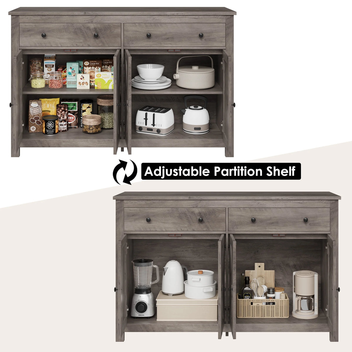 Homfa 55.1'' W Farmhouse Storage Cabinet, 4-Doors 2-Drawers Wood Sideboard with Adjustable Shelves for Kitchen Dining Room, White