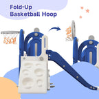 5 in 1 Toddler Swing and Slide Set with Climber, Kids Playground Climber Slide Playset with Safety Belt, Armrest, Basketball Hoop, High Adjustable Baby Swing Set for Indoor Outdoor Backyard, Blue