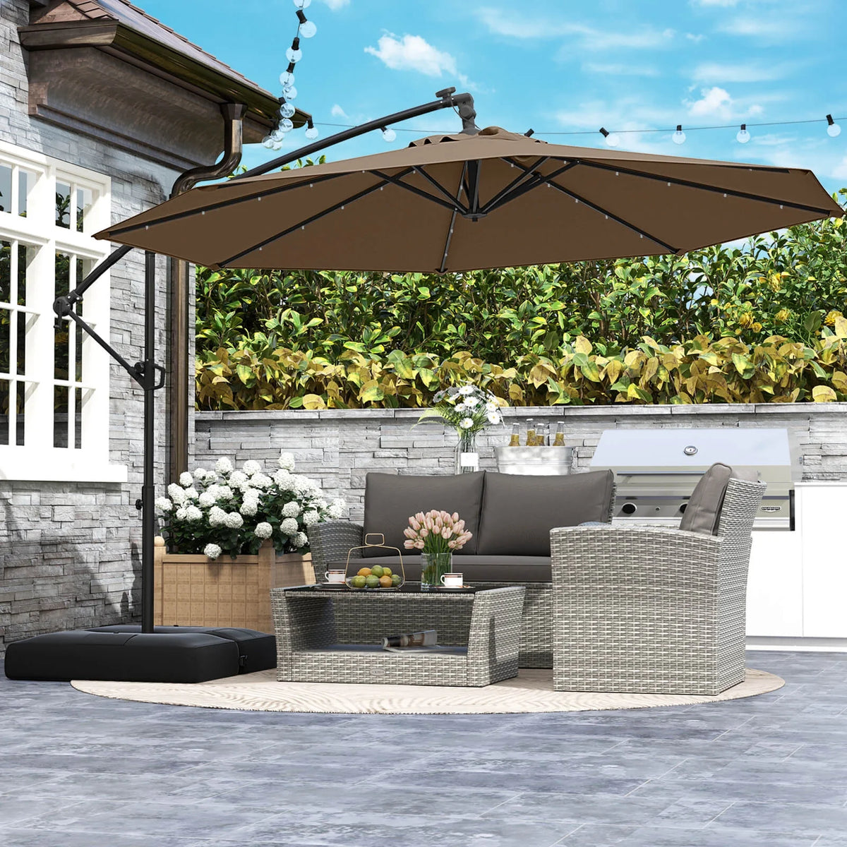 Costway 10 FT Solar Offset Hanging Umbrella Patio Cantilever Umbrella with 32 LED Lights Brown