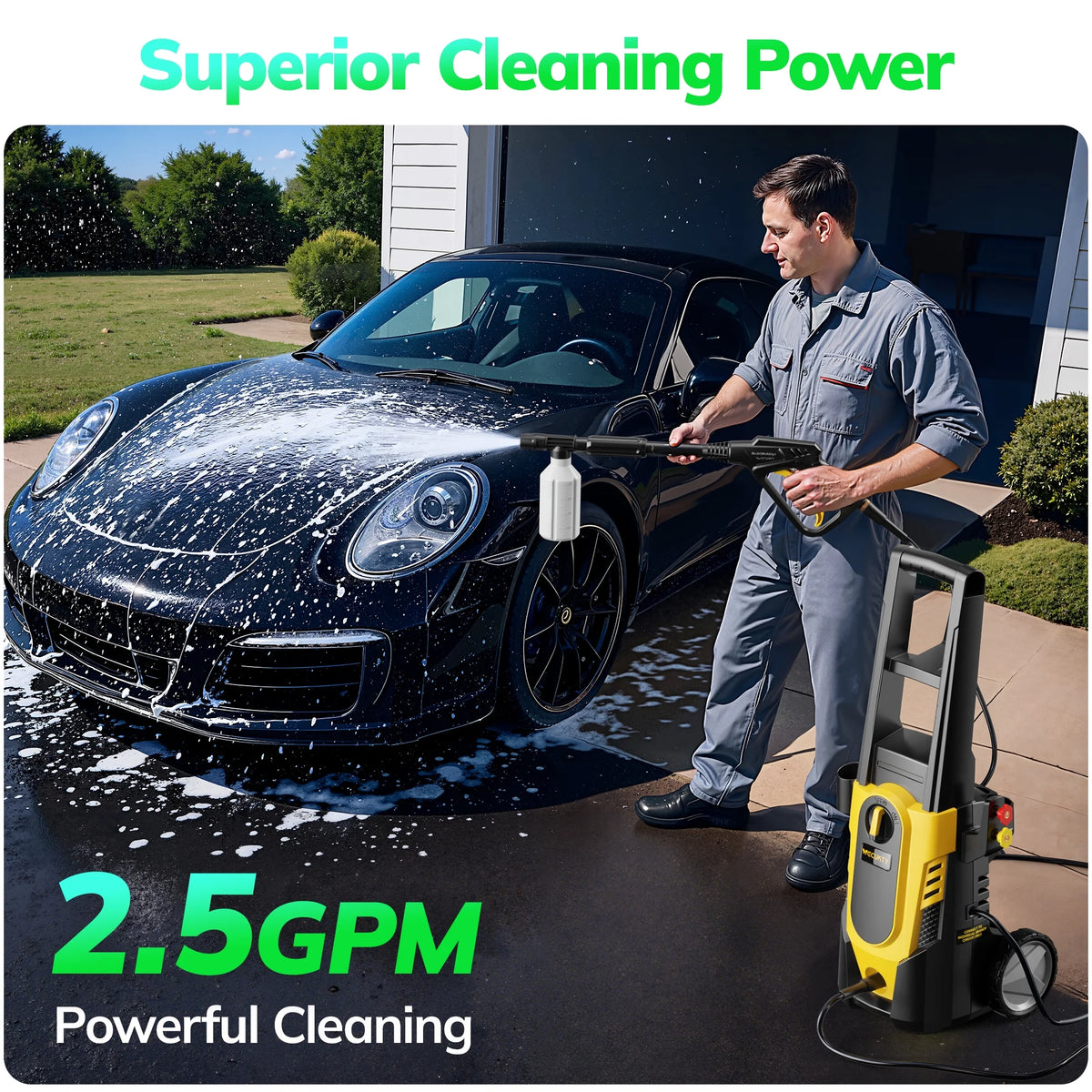 VECUKTY Electric Pressure Washer,3700 PSI Max 2.5 GPM Power Washer with 35FT Cord,20FT Hose,4 Quick Nozzles,Foam Cannon for Car Garden Patio