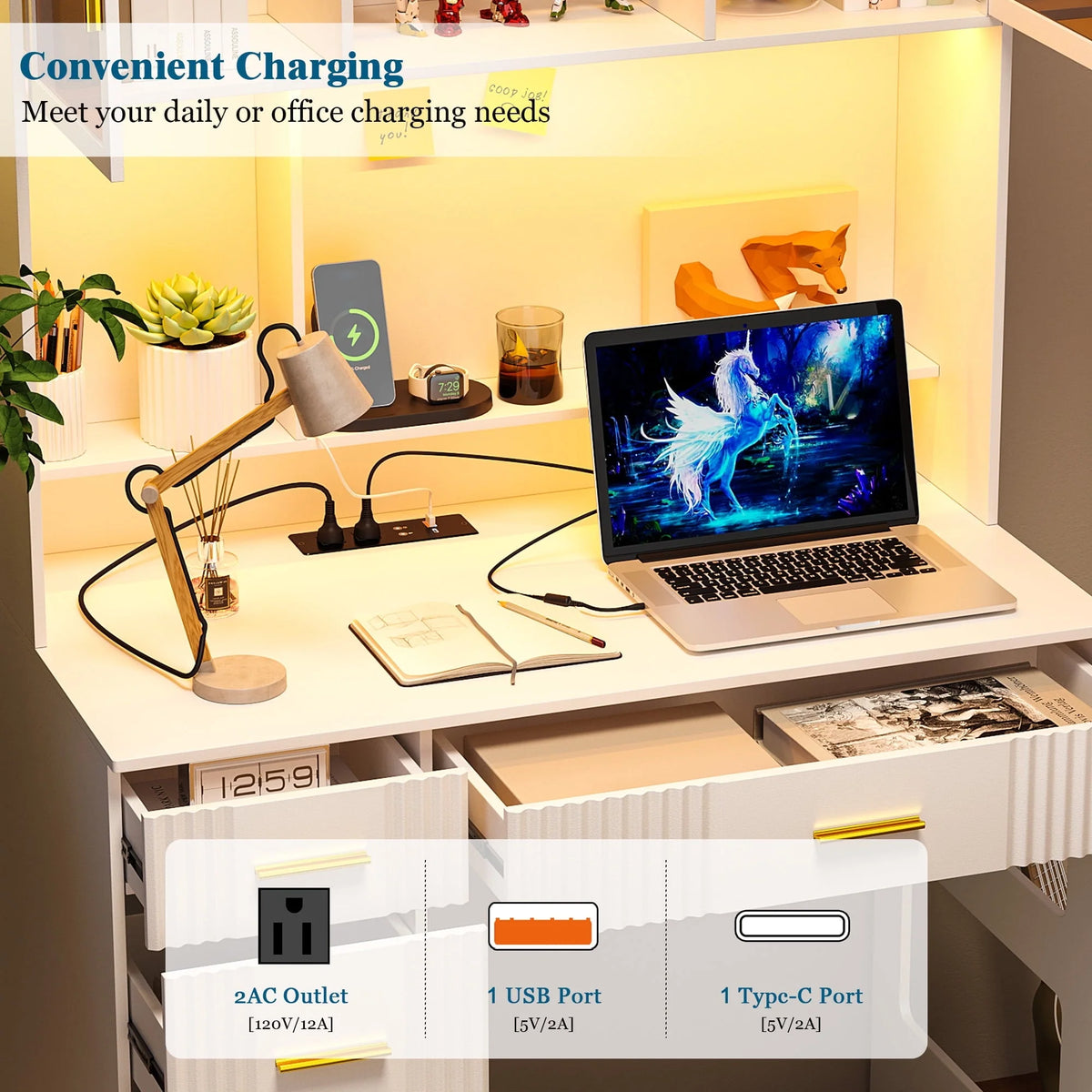 HNEBC LED Study Desk with Hutch and Drawer, Home Office Desk with Outlet, Computer Desk with Charging Station, Writing Desk for Bedroom, Workstation for Small Space