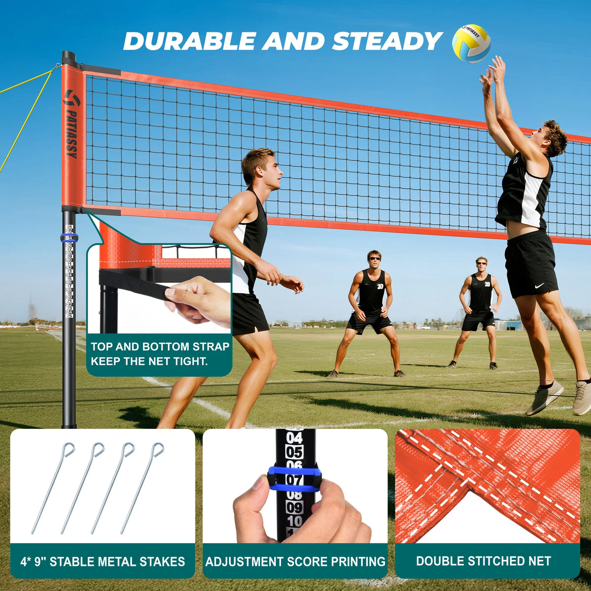 Patiassy Outdoor Portable Volleyball Net Set System for Backyard - Quick & Easy Setup Adjustable Height Steel Poles, PU Volleyball, Pump and Carrying Bag