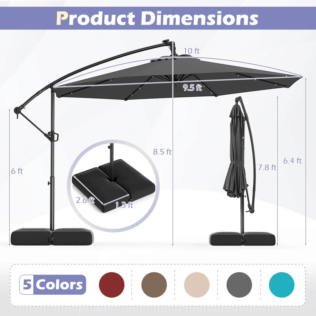 Costway 10 FT Solar Offset Hanging Umbrella Patio Cantilever Umbrella with 32 LED Lights Brown