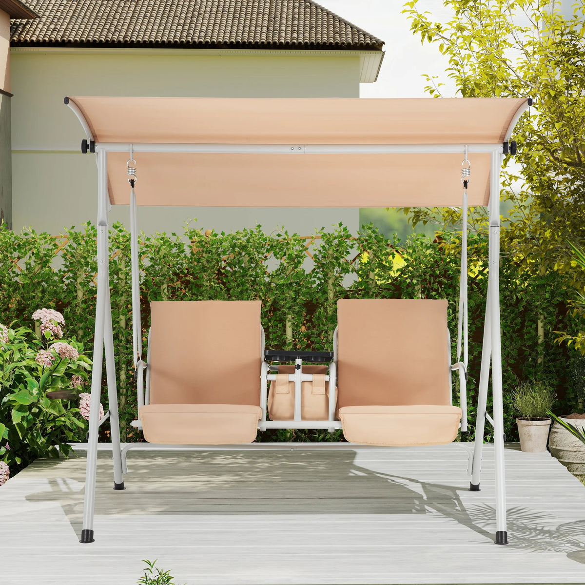 HOMREST Patio Swing with Adjustable Canopy��Heavy Duty 650 LBS Outdoor Swing with Pivot Storage Table & 4 Cup Holders & Cushions for Yard, Lawn, Backyard, Navy Blue