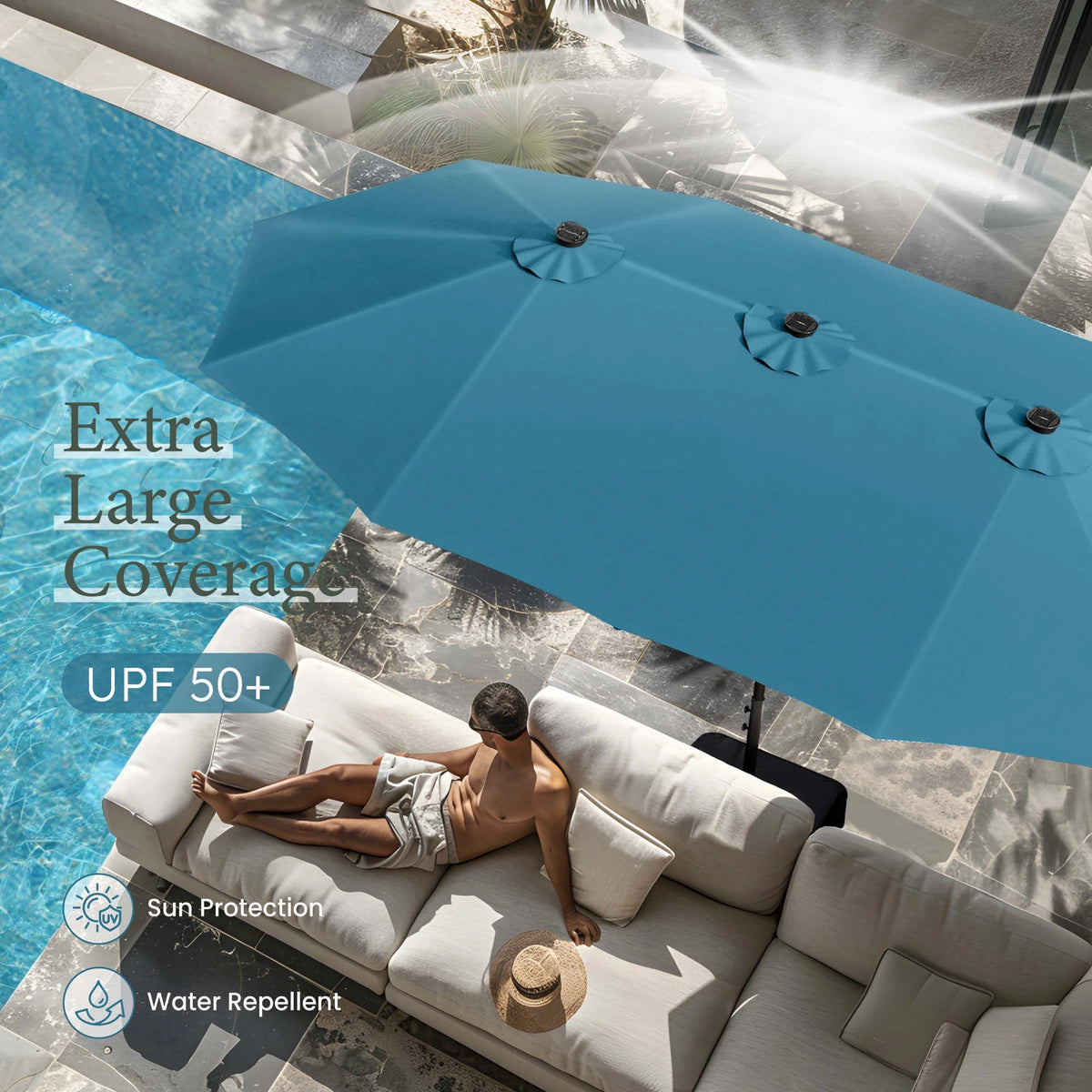 Summit Living 15 FT Double-Sided Solar Patio Umbrella with Base Large Outdoor Umbrella with LED Solar Lights - Haze Blue