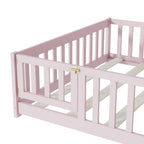 Bellemave Full Size Floor Bed with Door and Fence Floor Bed with Bed Slats Sturdy Wood Floor Bed Montessori Bed Frame (Full, Pink)