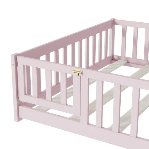 Bellemave Full Size Floor Bed with Door and Fence Floor Bed with Bed Slats Sturdy Wood Floor Bed Montessori Bed Frame (Full, Pink)