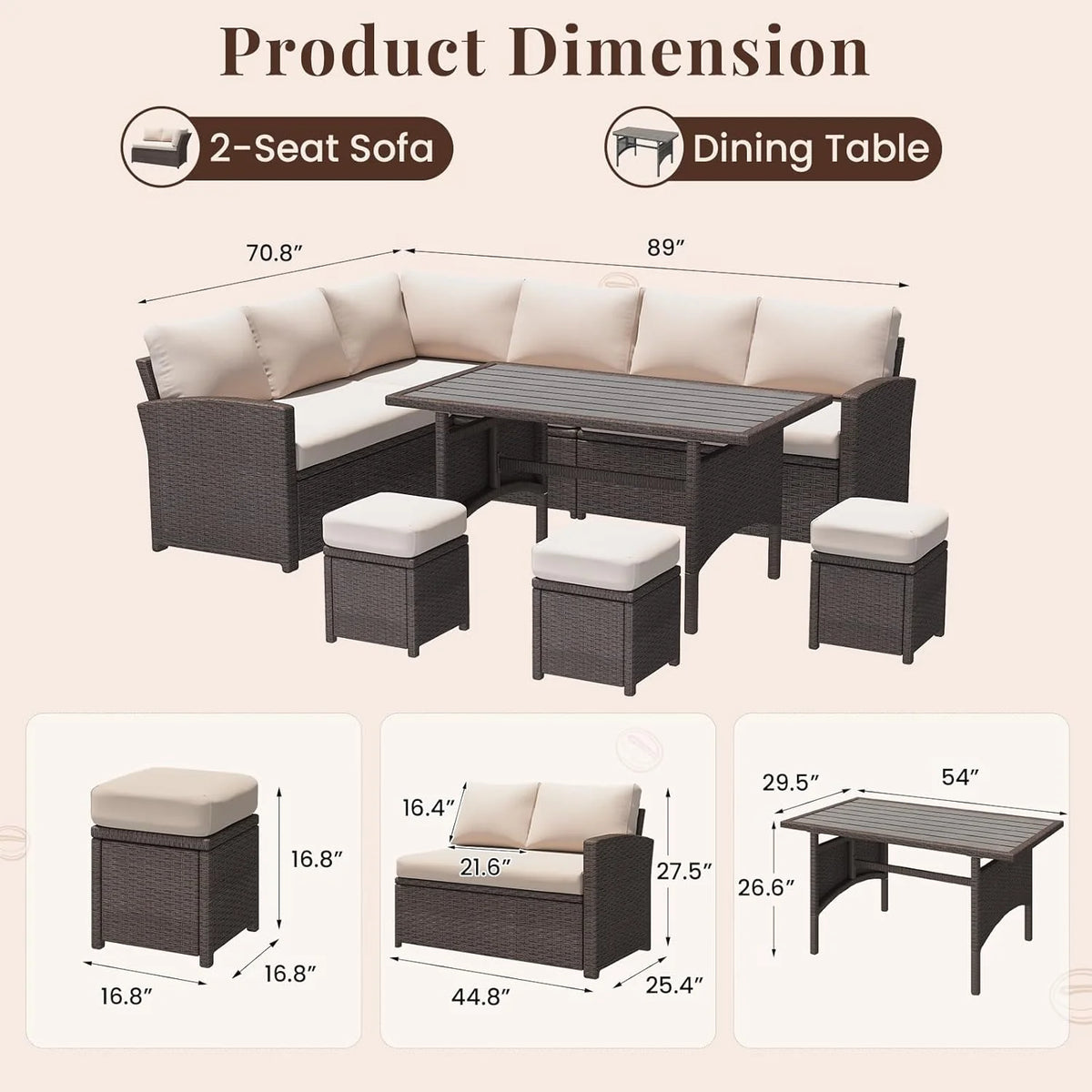 AECOJOY 7 Piece Patio Furniture Set PE Rattan Outdoor Dining Set Sectional Sofa Couch with Table Patio Conversation Set in Gray