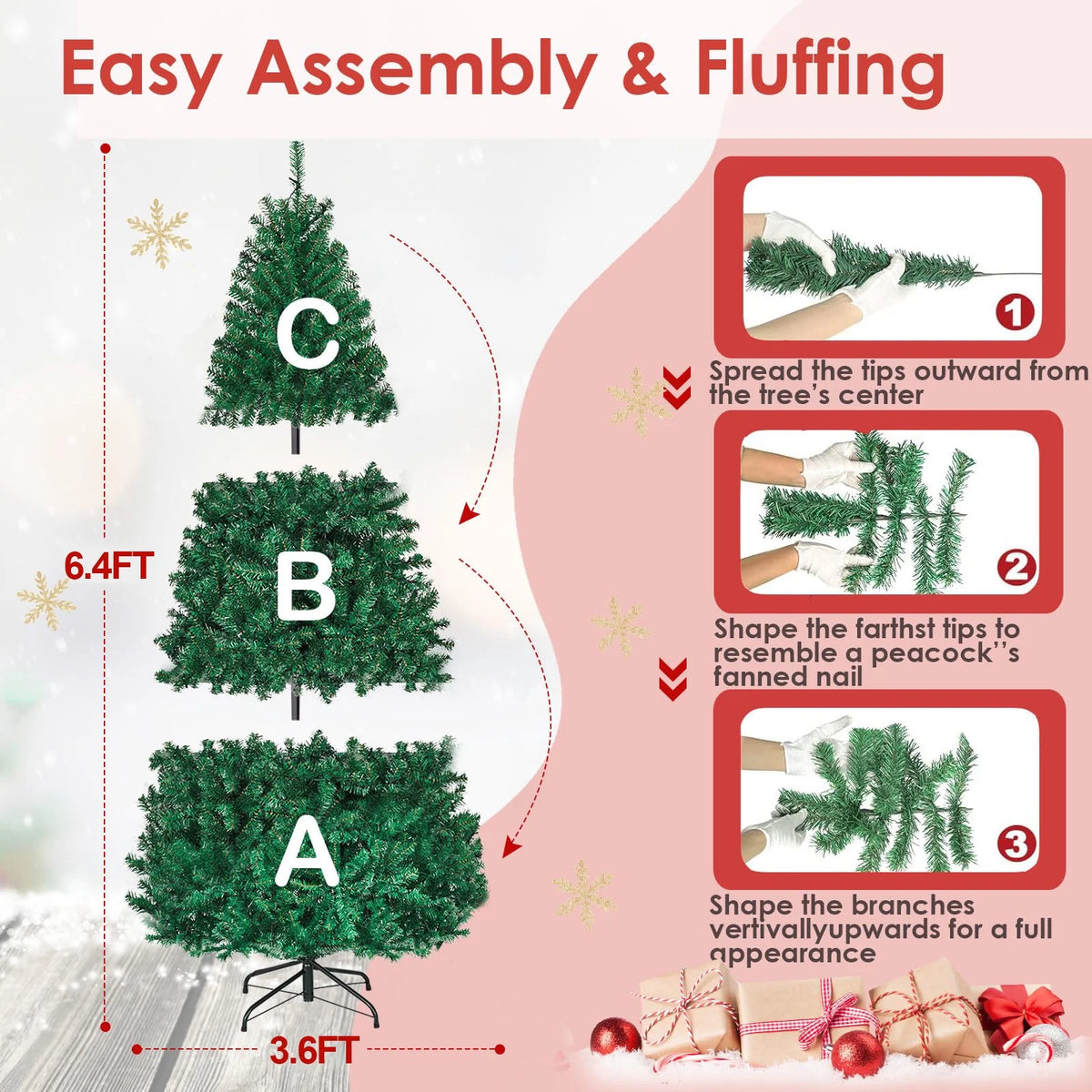 Vebreda 6FT Pre-Lit Artificial Christmas Tree with 300 Warm White LED Lights, Hinged Branch Design, Eco-Friendly PVC Needles & Foldable Metal Stand for Home, Office & Holiday D��cor