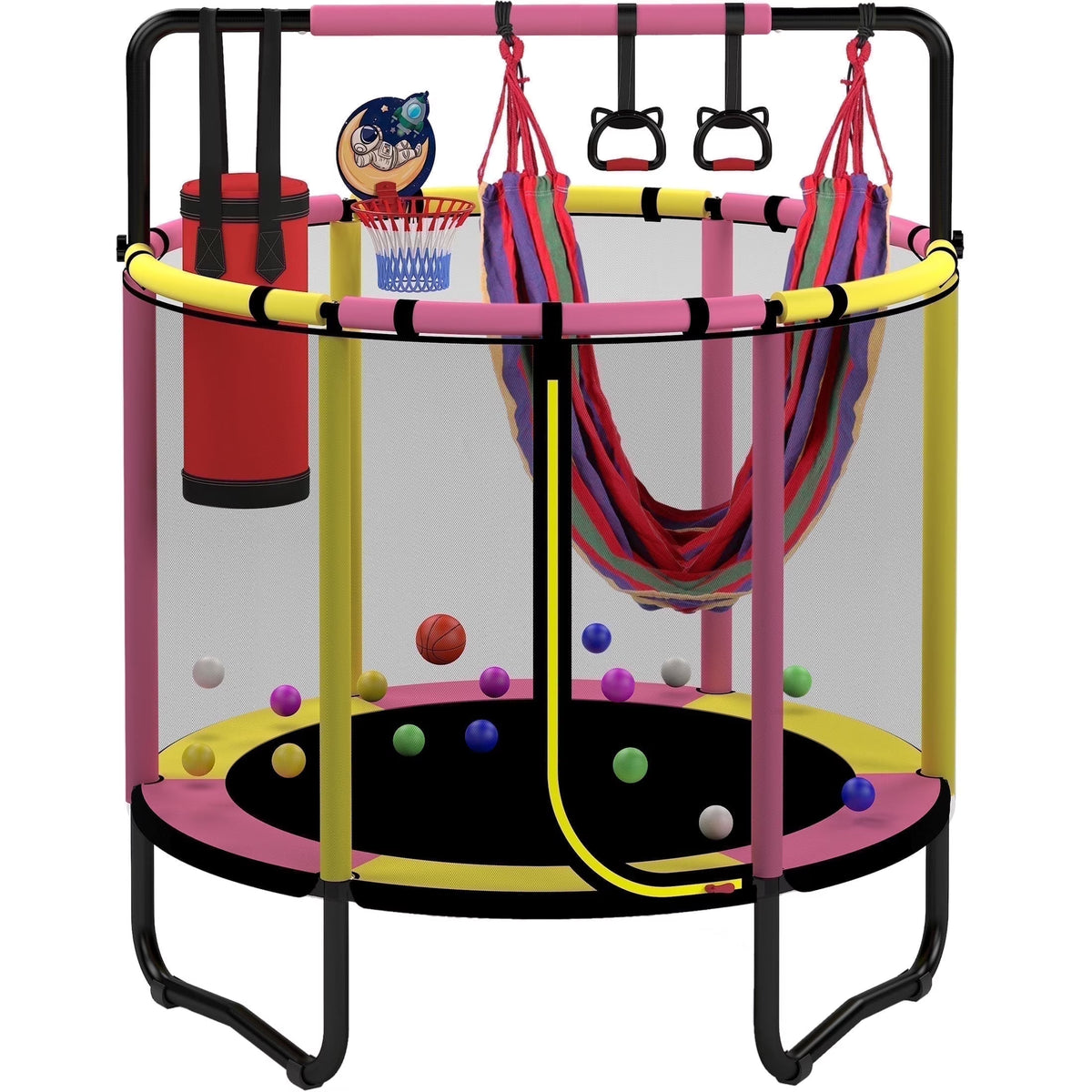 Mini Round Trampoline for Kids with Basketball Hoop, SEGMART 55'' Indoor Outdoor Toddler Trampoline with Enclosure Net, Swing, Sandbag, Ring, Ocean Balls, Small Trampoline Gift for Boys Girls, Blue