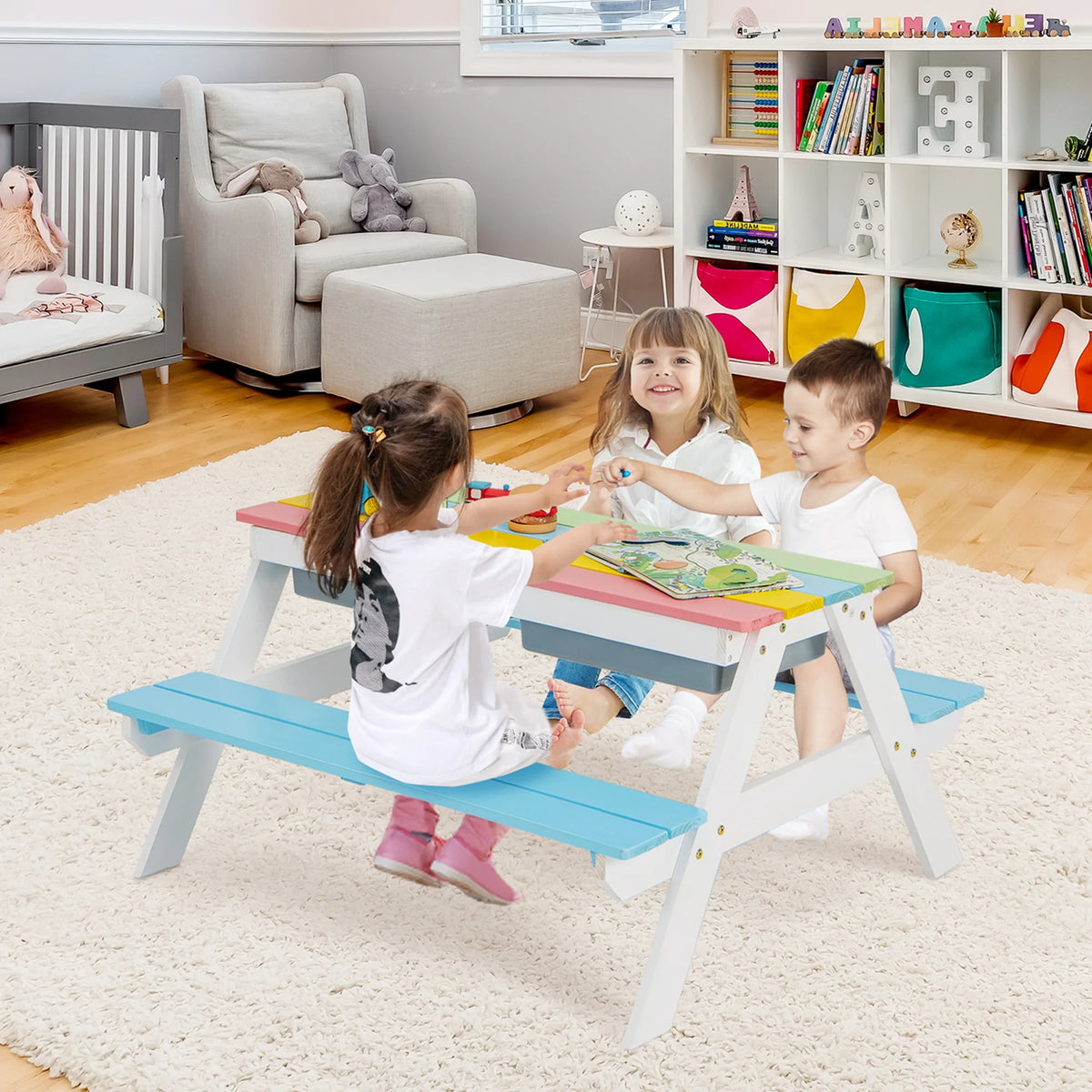 Costway 3-in-1 Kids Picnic Table Wooden Outdoor Sand & Water Table with Umbrella Play Boxes Green