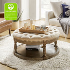 36'' Wide Blue Round Large Ottoman Tufted Coffee Table with Storage Wood Legs Home Living Room