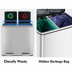 LAZY BUDDY Dual Garbage Can, Stainless Steel 16 Gallon Step Kitchen Trash Can with Soft-Close Lid, Double Compartment Garbage Recycling Bin