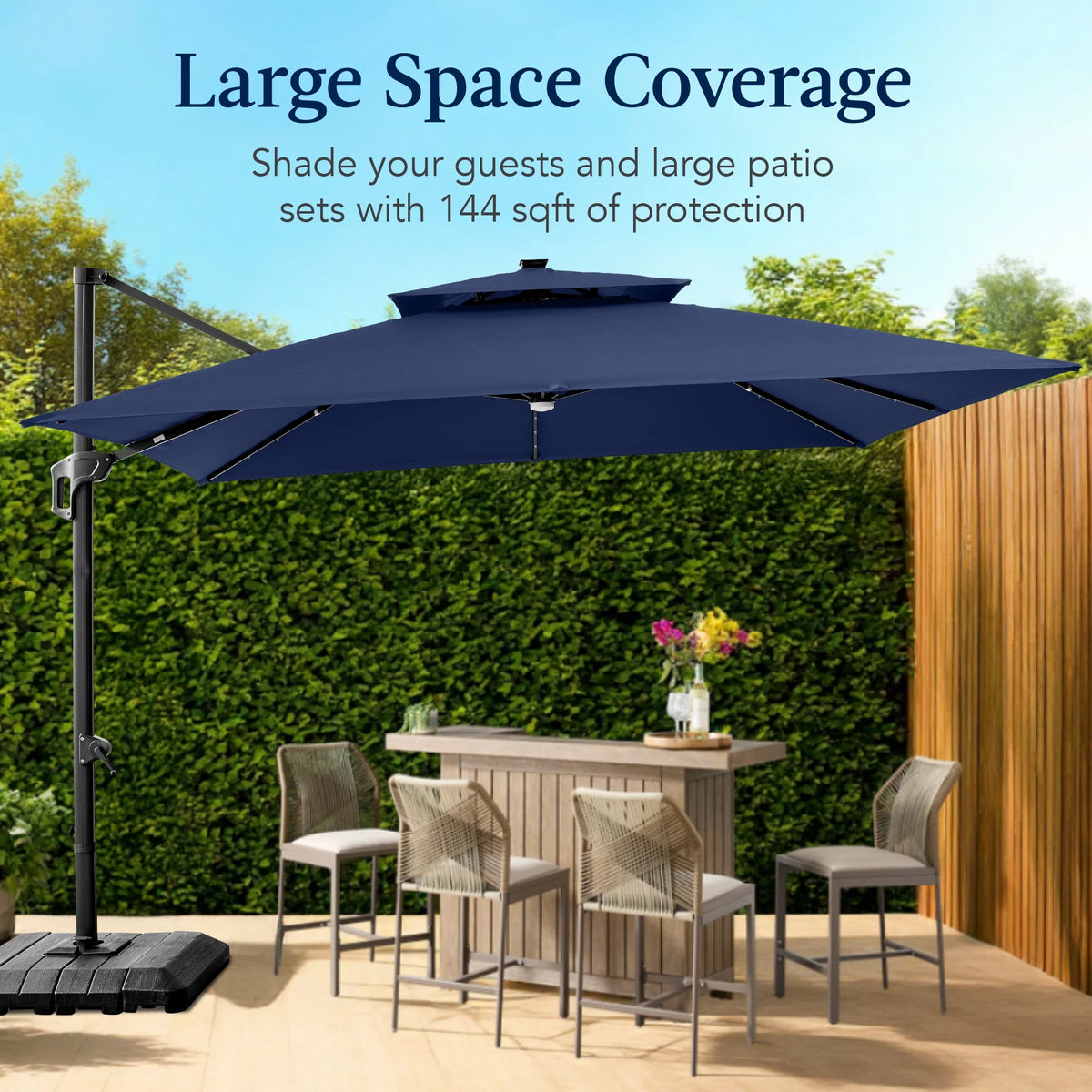 Best Choice Products 12x12ft 2-Tier Square Outdoor Solar LED Cantilever Umbrella w/ 360-Rotating Base   Navy Blue