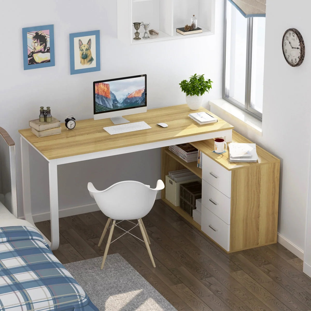 WIAWG 55" White L Shaped Desk with Storage Shelf Corner Office Writing Desk Study Workstation Table