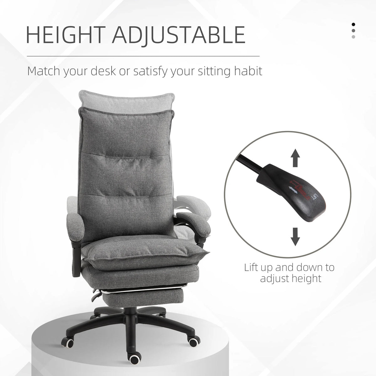 Office Chair Vinsetto 360�� Swivel Executive Home Office Chair Adjustable Height Linen Style Fabric Recliner with Retractable Footrest and Double Padding, Grey,Ergonomic Office Chair