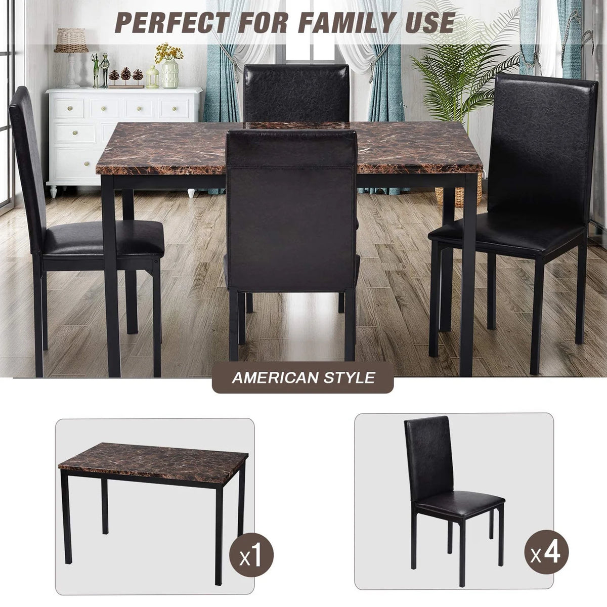 5 Piece Dining Room Table Set, Modern Dining Table Sets with Gray Velvet Upholstered Chairs for 4, Faux Marble Pattern Rectangle Kitchen Table Set for Bar Living Room Breakfast Nook Small Space