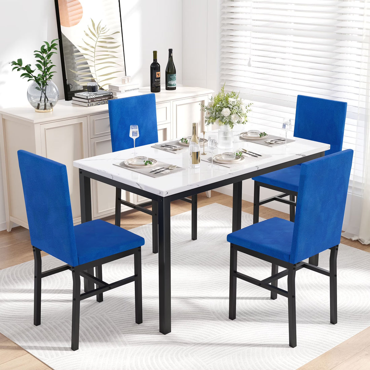 5 Piece Dining Room Table Set, Modern Dining Table Sets with Gray Velvet Upholstered Chairs for 4, Faux Marble Pattern Rectangle Kitchen Table Set for Bar Living Room Breakfast Nook Small Space
