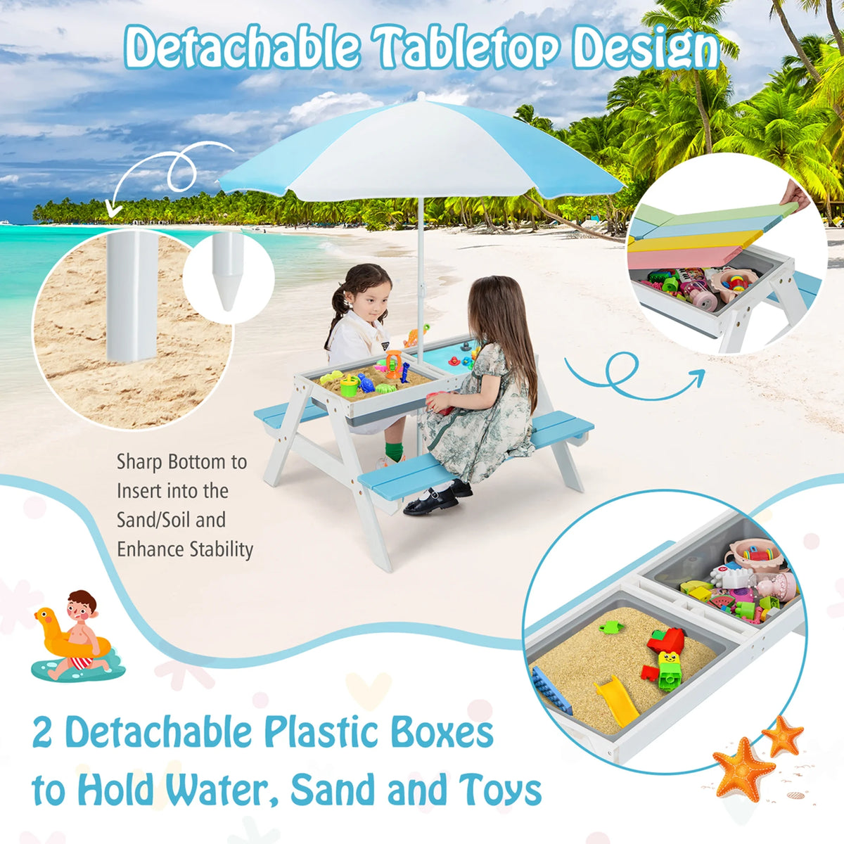 Costway 3-in-1 Kids Picnic Table Wooden Outdoor Sand & Water Table with Umbrella Play Boxes Green