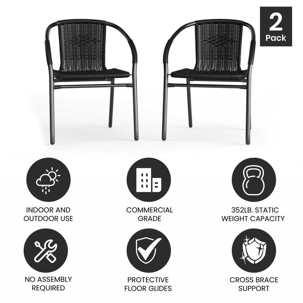 Emma + Oliver Indoor/Outdoor Stacking Rattan Restaurant Patio Chairs, Set of 2, Gray