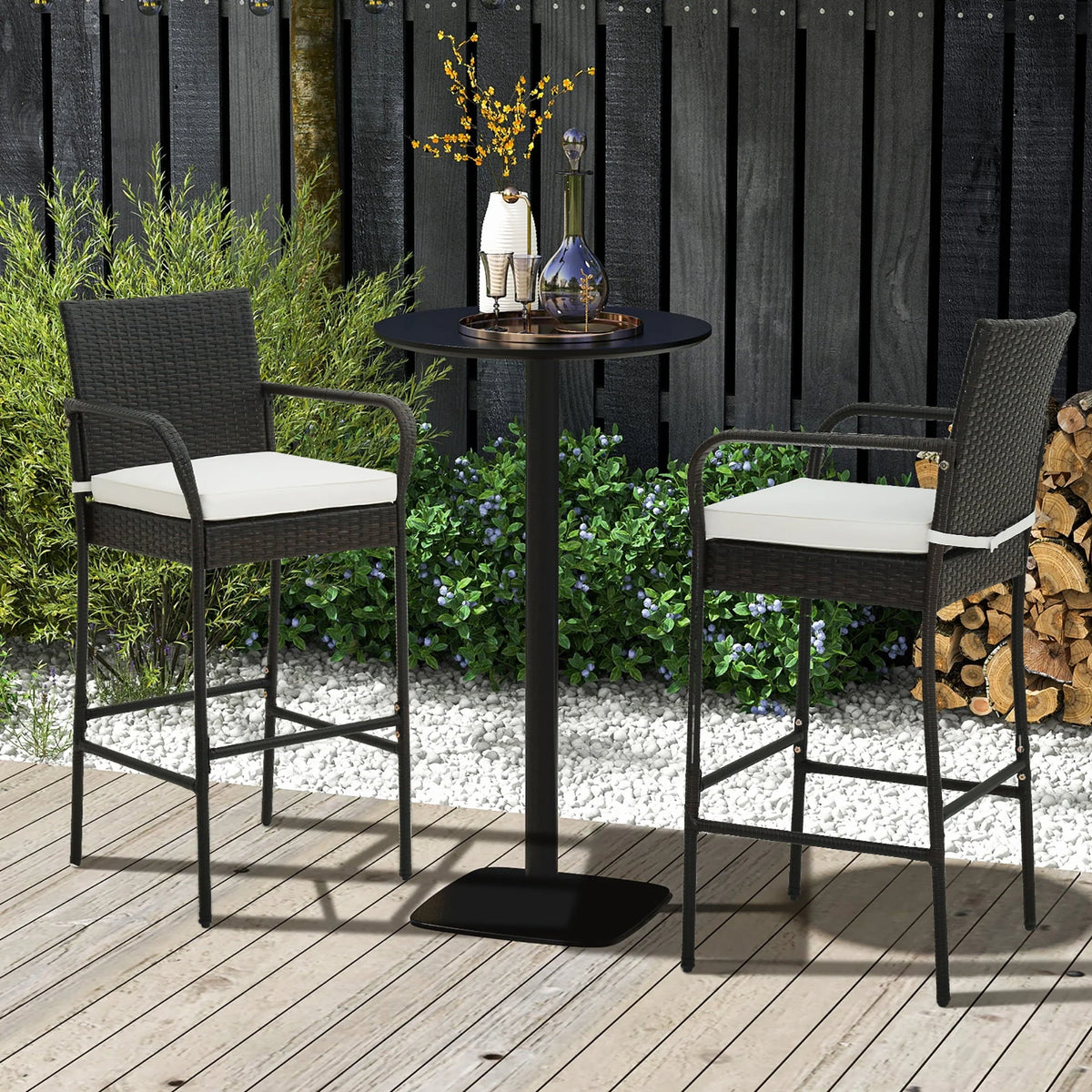 Gymax Set of 2 Wicker Bar Stools Set Outdoor High Back Bar Counter Chairs w/ Cushions