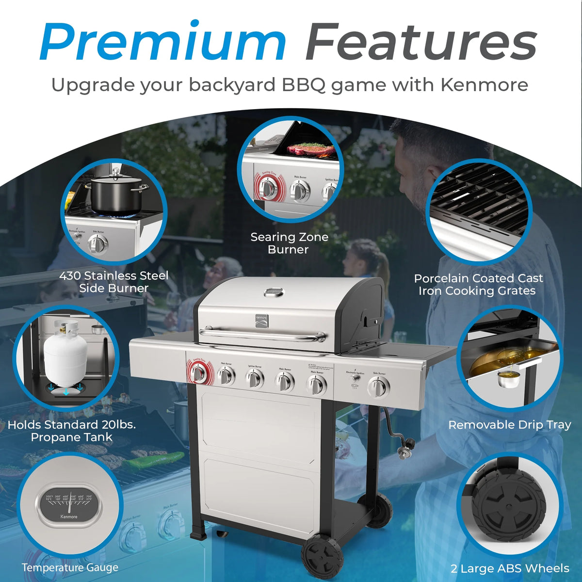 Kenmore BBQ Propane Gas Grill - 5 Burners with Side Burner & Searing Zone, 644 Sq. In. Stainless Steel Grill, 66,000 BTU, Ideal for Outdoor Cooking, Patio & Backyard, Black