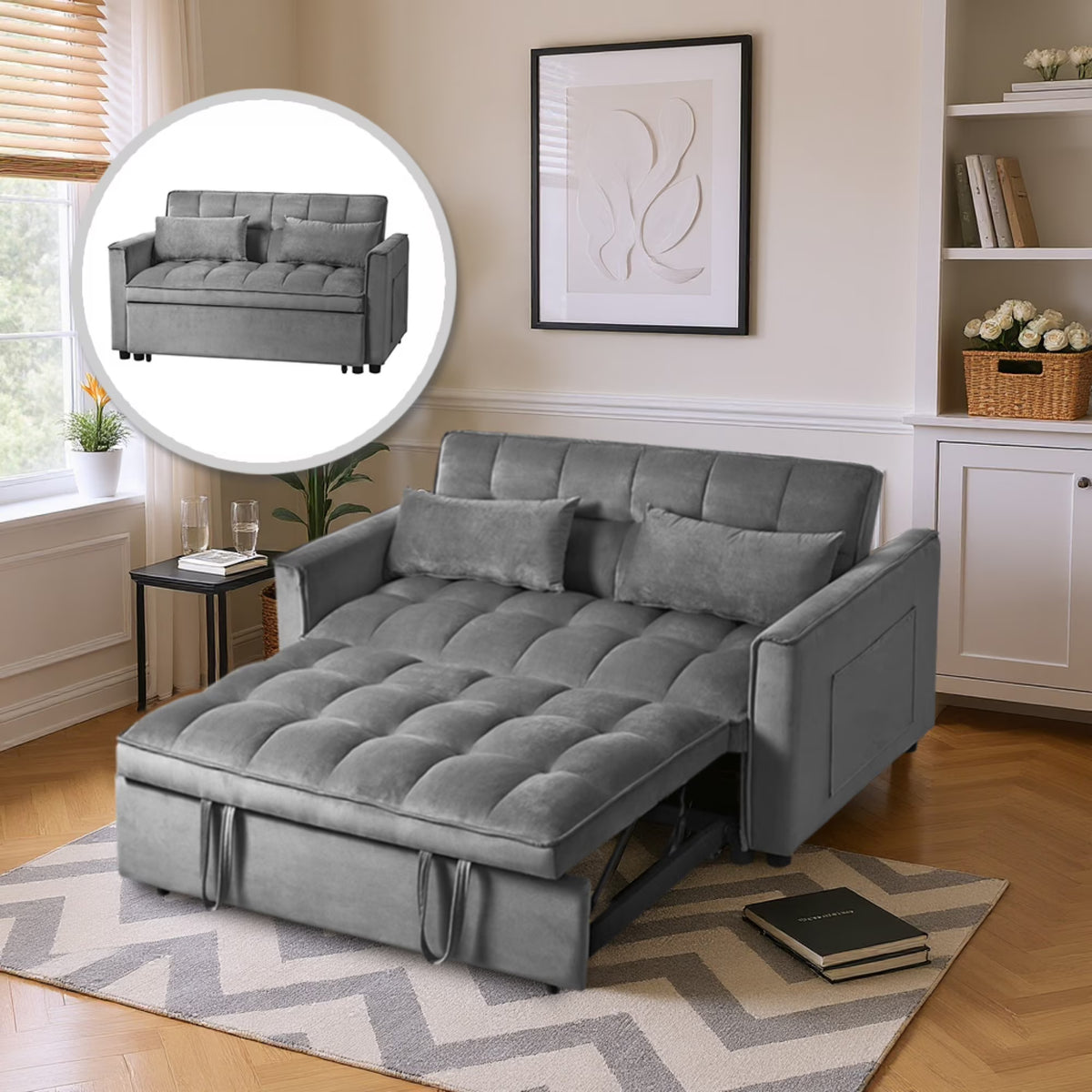 Gewnee 55'' Modern Convertible Velvet Sofa Bed with Pull-Out Twin Bed, Adjustable Backrest for Living Room, Office (Dark Gray)