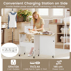 Costway Folding Sewing Table Rolling Craft Station with 3 Storage Bins & Charging Station White+natural