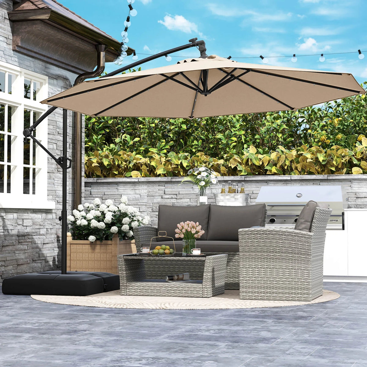 Costway 10 FT Solar Offset Hanging Umbrella Patio Cantilever Umbrella with 32 LED Lights Brown