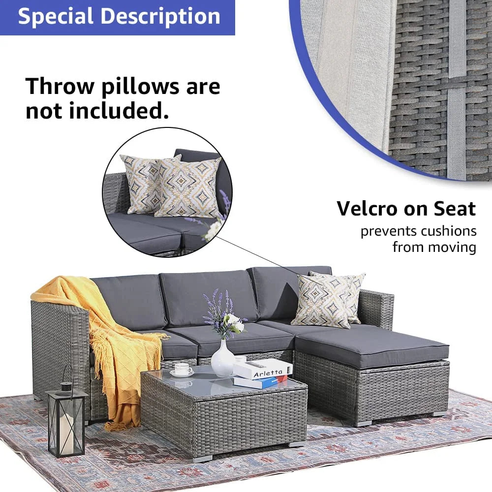 Patiorama 5-Piece Patio Furniture Set, Outdoor Sectional Conversation Set, All-Weather Grey PE Wicker with Light Grey Cushions, Backyard Porch Garden