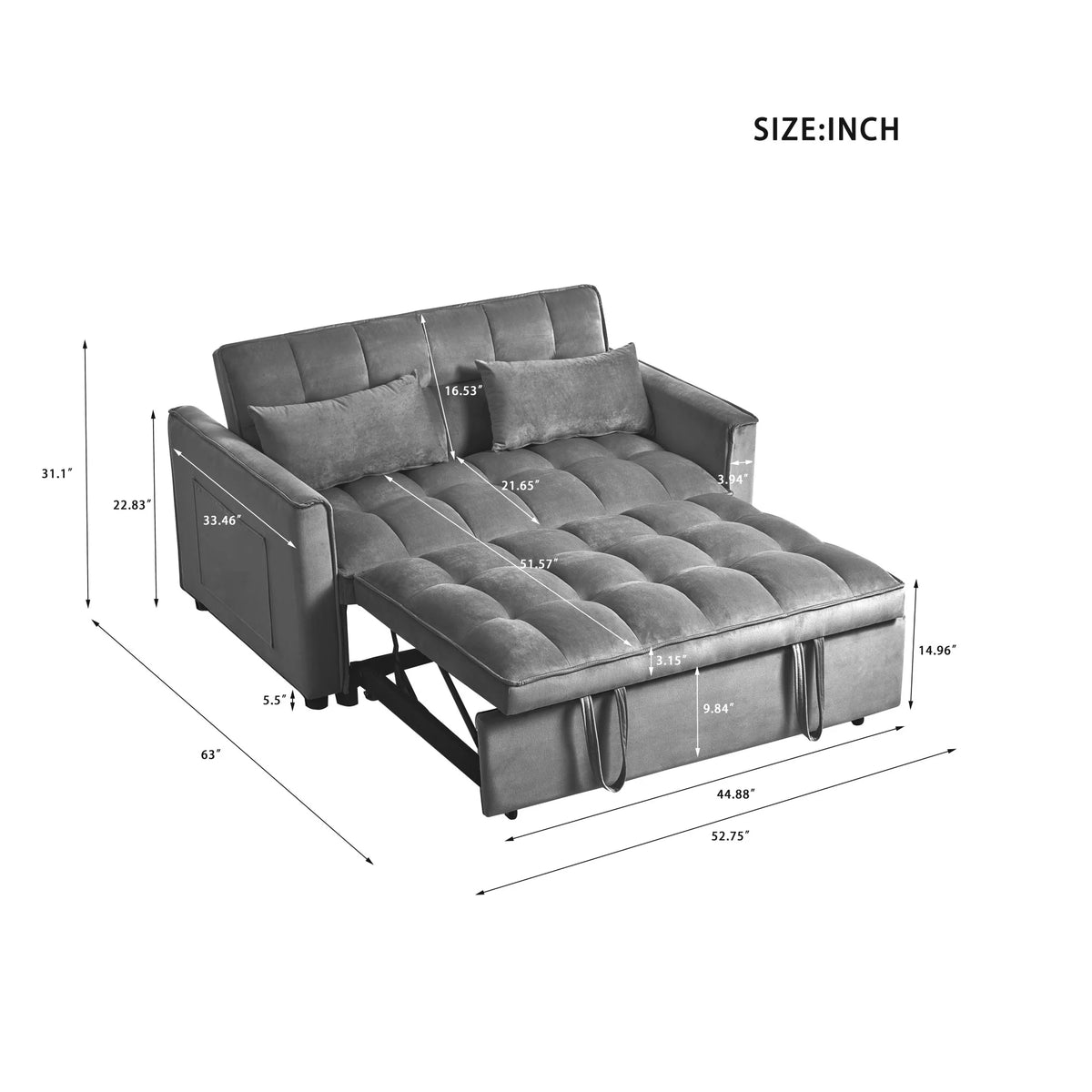 Gewnee 55'' Modern Convertible Velvet Sofa Bed with Pull-Out Twin Bed, Adjustable Backrest for Living Room, Office (Dark Gray)