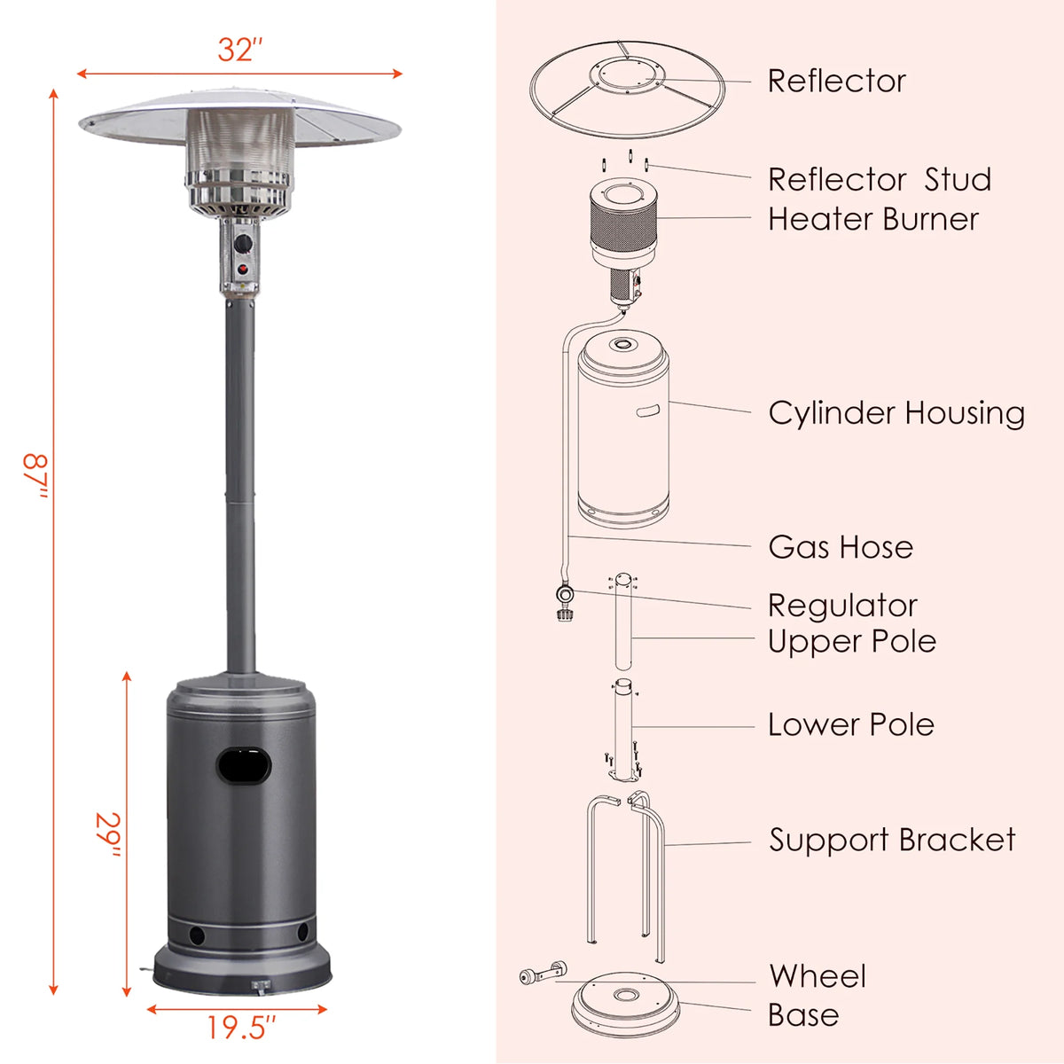 Costway 50000 BTU Propane Patio Heater Standing Steel with Wheels Grey
