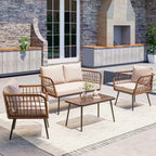 LAUSAINT HOME 4 Pieces Outdoor Conversation Sets, Patio Metal Frame Sofa with Wood Loveseat and Coffee Table, Beige Cushions