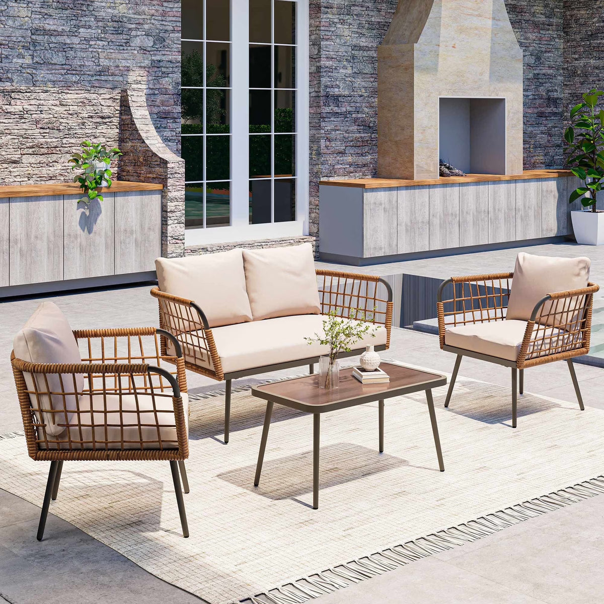 LAUSAINT HOME 4 Pieces Outdoor Conversation Sets, Patio Metal Frame Sofa with Wood Loveseat and Coffee Table, Beige Cushions