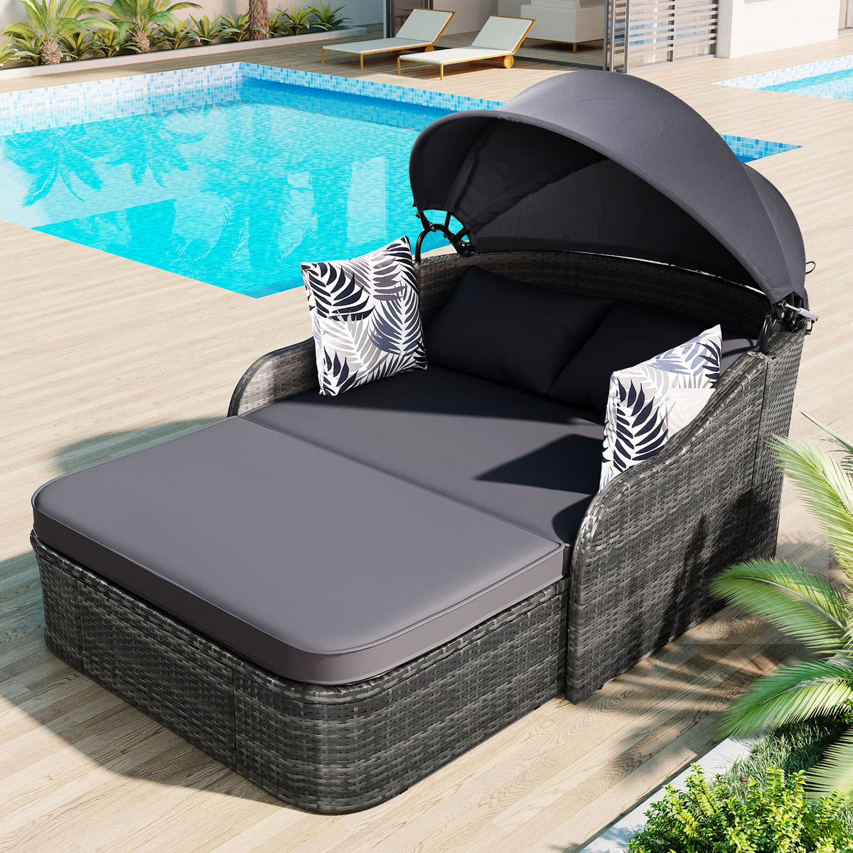 Outdoor Sun Lounger With Adjustable Canopy And Relaxing Pillow - Pe Black Blue Cushion 79.9" Daybed Cozy